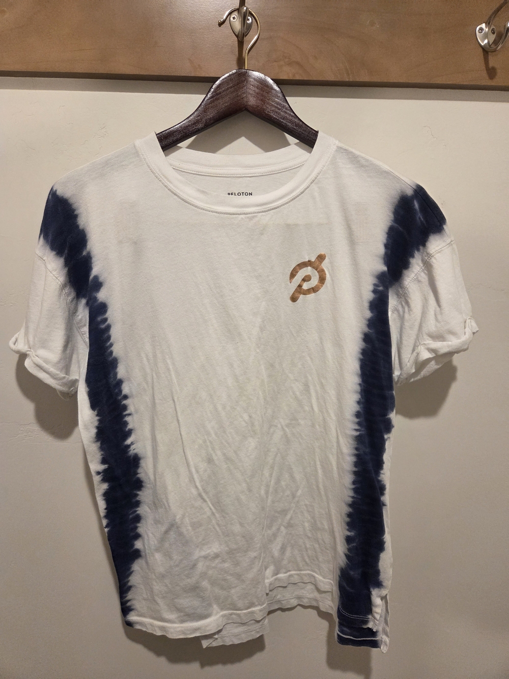 Peloton Tie-Dye T-Shirt Women’s Large White Navy Metallic Gold Logo